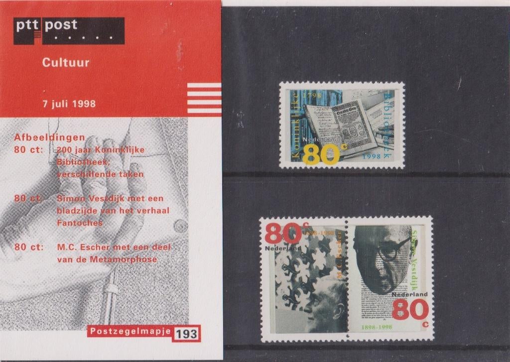 Nederland 1998 193 Postzegelmapje Cultuur Escher Vestdijk KB, Postzegels en Munten, Verzenden, Postfris, Overige thema's