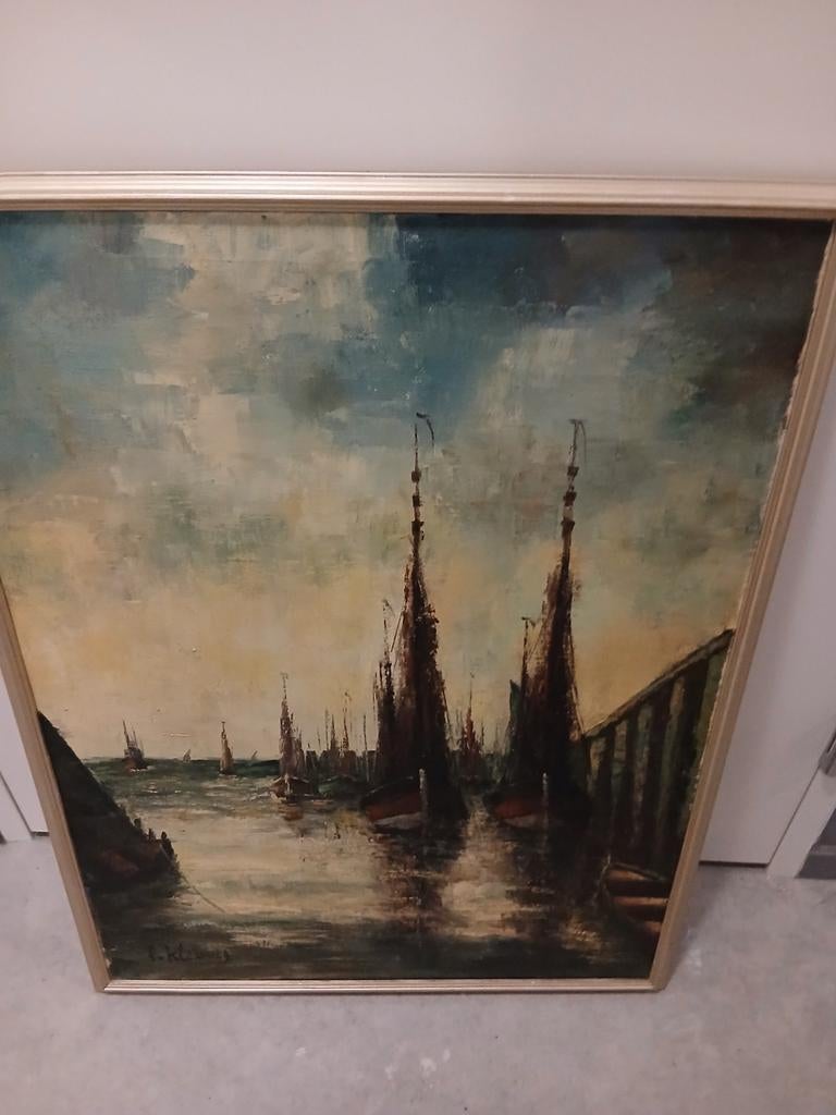 Schilderij vissershaven, Antiek en Kunst, Ophalen