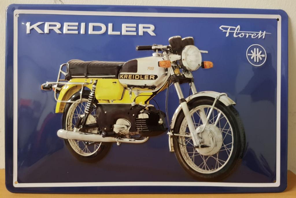 Kreidler Florett geel blauw relief reclamebord van metaal, Reclamebord, Info@deconoord.nl, Deco Noord, Nieuw