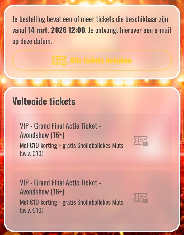 2 VIP Tickets snollebollekes incl. Parkeerticket, Tickets en Kaartjes, Concerten | Pop, Twee personen, Maart