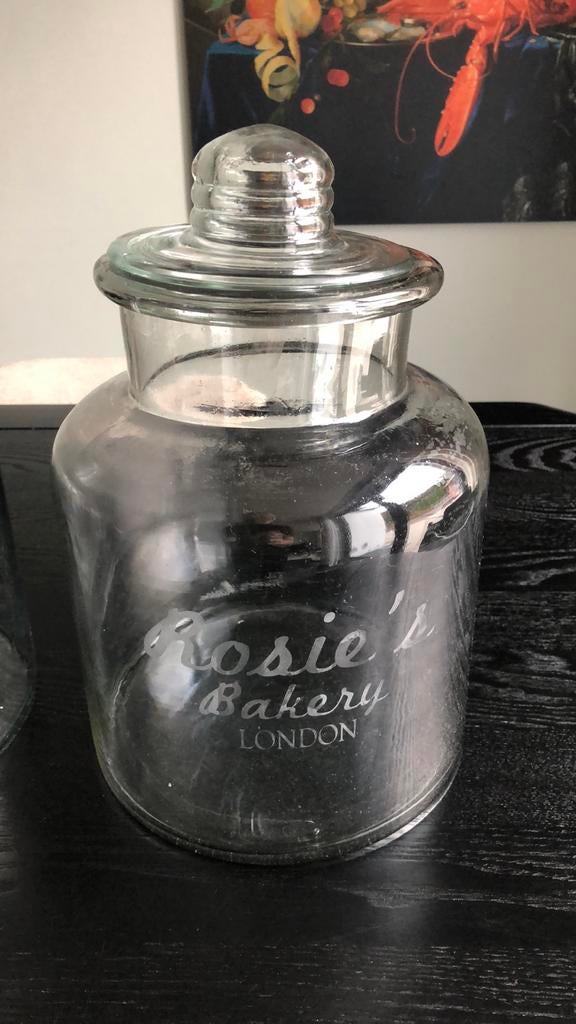 Te koop Riviera Maison Rosie's Bakery London Glazen Potten, Ophalen of Verzenden, Zo goed als nieuw, Glas, Landelijk