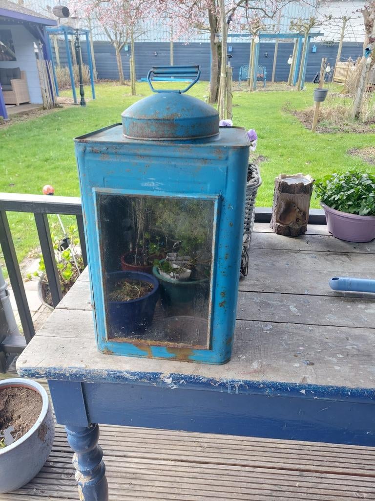Oude lantaarn, blauw, vintage decoratie, Antiek en Kunst, Antiek | Lampen, Ophalen of Verzenden