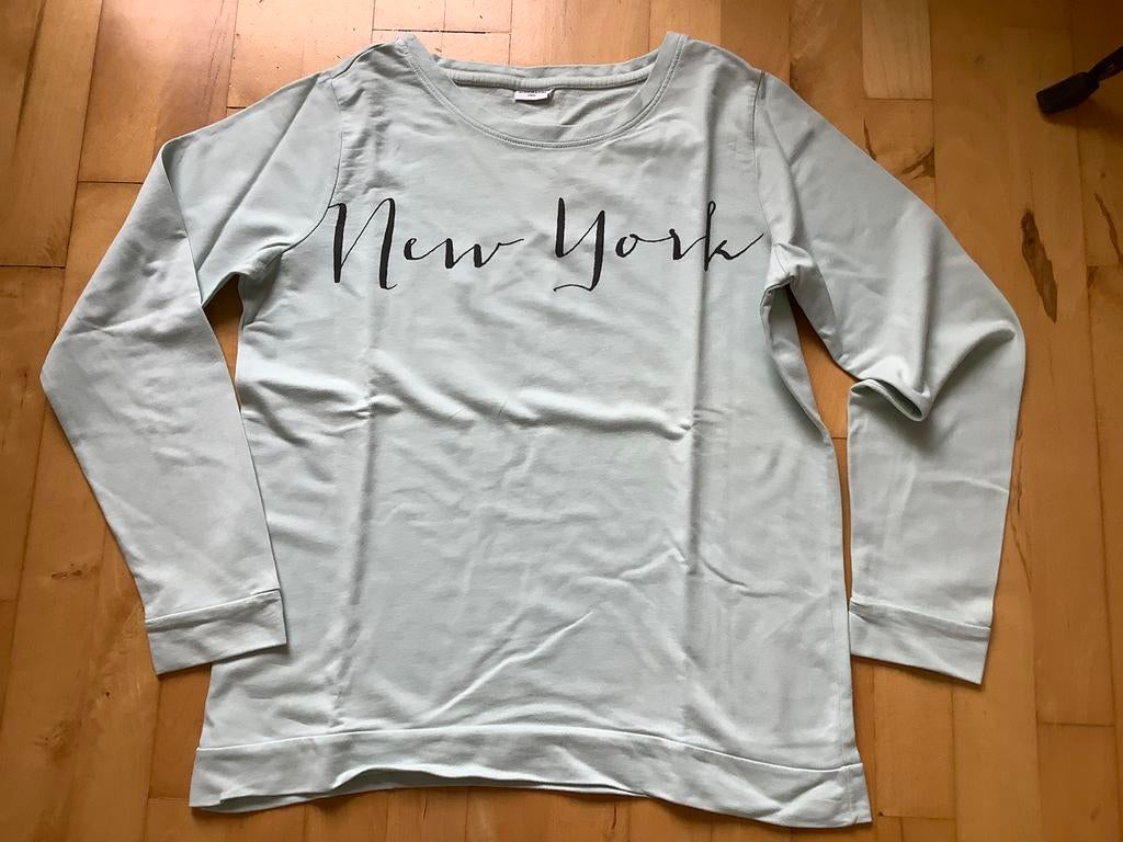 Sweatshirt, trui. Mint groen met opdruk New York. Mooi. L., Maat 42/44 (L), Ophalen of Verzenden, Zo goed als nieuw, Korte mouw