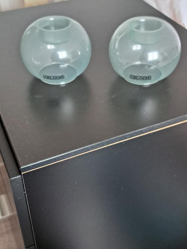 2 glazen waxinelichthouders turquoise - Mrs. Bloom, Ophalen