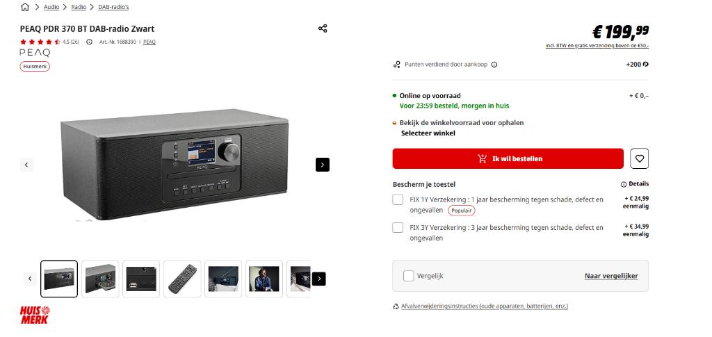 PEAQ PDR 370 BT DAB-radio Zwart, Ophalen of Verzenden, Nieuw, Radio