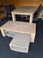 Eettafel met 4 stoelen & salontafel met onderschuiftafels, Gebruikt, Vier personen, Rechthoekig, Overige houtsoorten