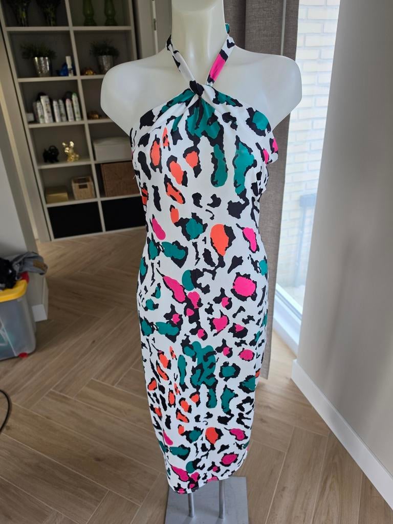 Stretch bodycon jurk neon panter print maat L halter nieuw, Bruin, Maat 42/44 (L), Nieuw, Ophalen of Verzenden