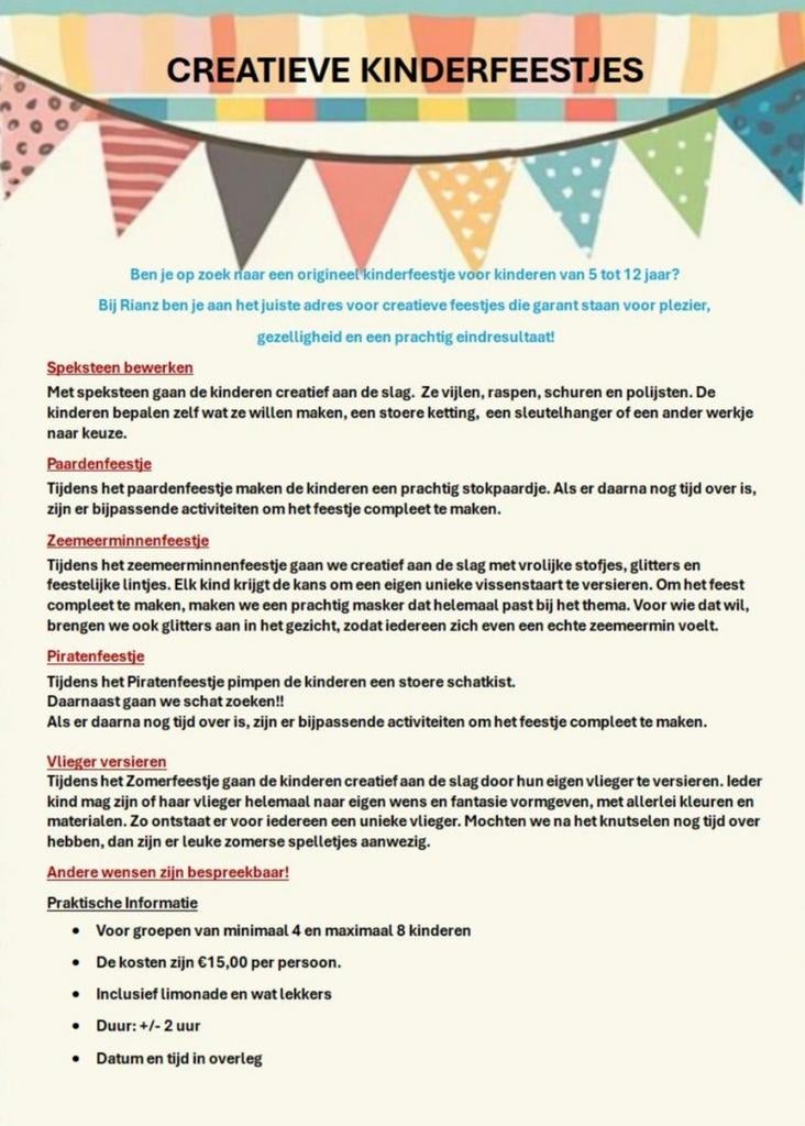 Creatieve kinderfeestjes of workshops, Ophalen of Verzenden, Nieuw