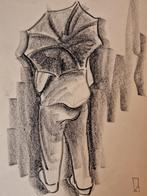 Litho van een man in regen Willem Bogtman, Antiek en Kunst, Ophalen of Verzenden