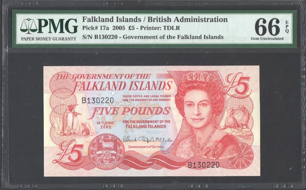 Falkland Islands 5 Pounds 2005 PMG 66 EPQ, Postzegels en Munten, Bankbiljetten | Amerika, Verzenden, Zuid-Amerika, Los biljet
