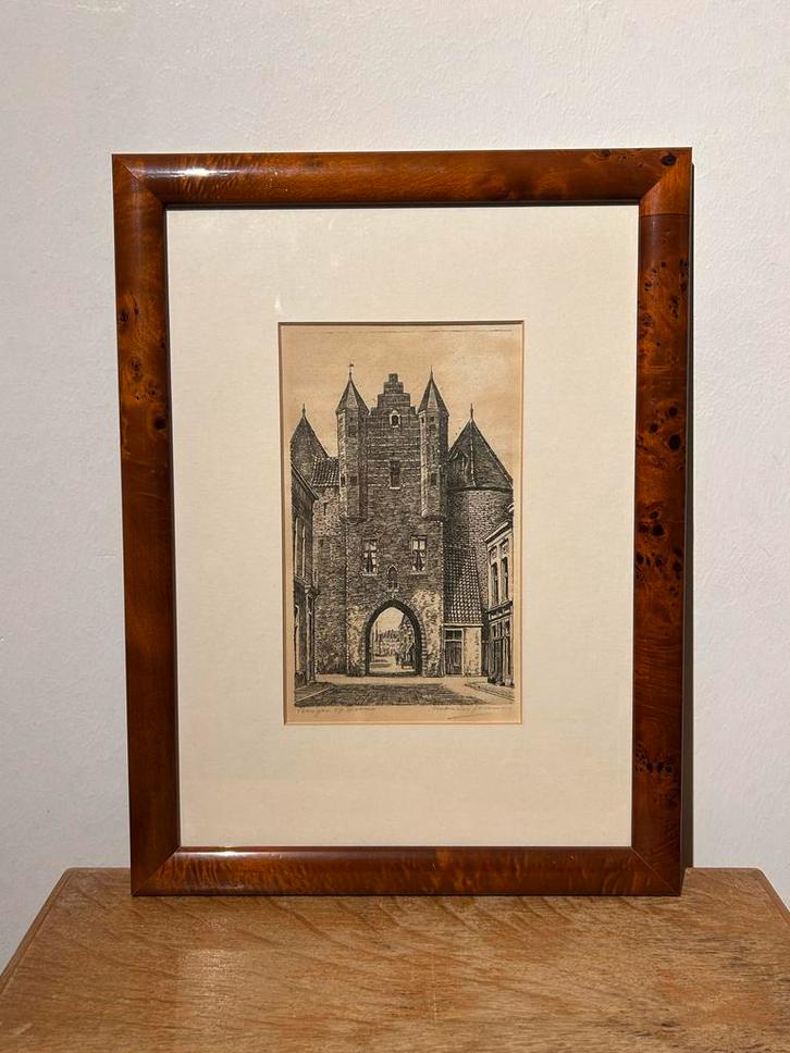 Marius Janssen - Ets Gevangenpoort Bergen op Zoom, Antiek en Kunst, Kunst | Etsen en Gravures, Ets, Gesigneerd, Stadsgezicht, 1900 - 1949