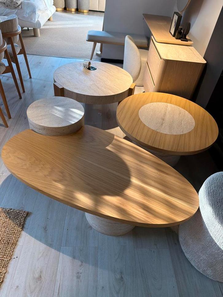 Set van 3 unieke salontafels - diverse vormen en materialen, Huis en Inrichting, Tafels | Salontafels, Nieuw, Minder dan 50 cm