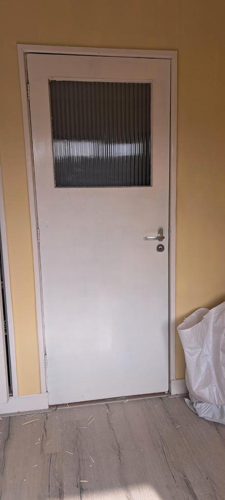 Binnendeur jaren '30 met geribbeld glas en slot, Doe-het-zelf en Verbouw, Deuren en Horren, Gebruikt, Binnendeur, 200 tot 215 cm
