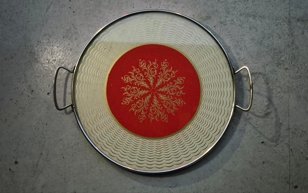 Vintage taartschaal met geëmailleerd glas, Antiek en Kunst, Ophalen of Verzenden