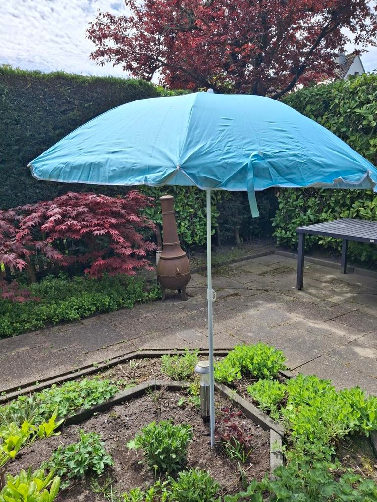 Strandparasol met grondboor 180x150cm, incl. hoes, Ophalen, Zo goed als nieuw