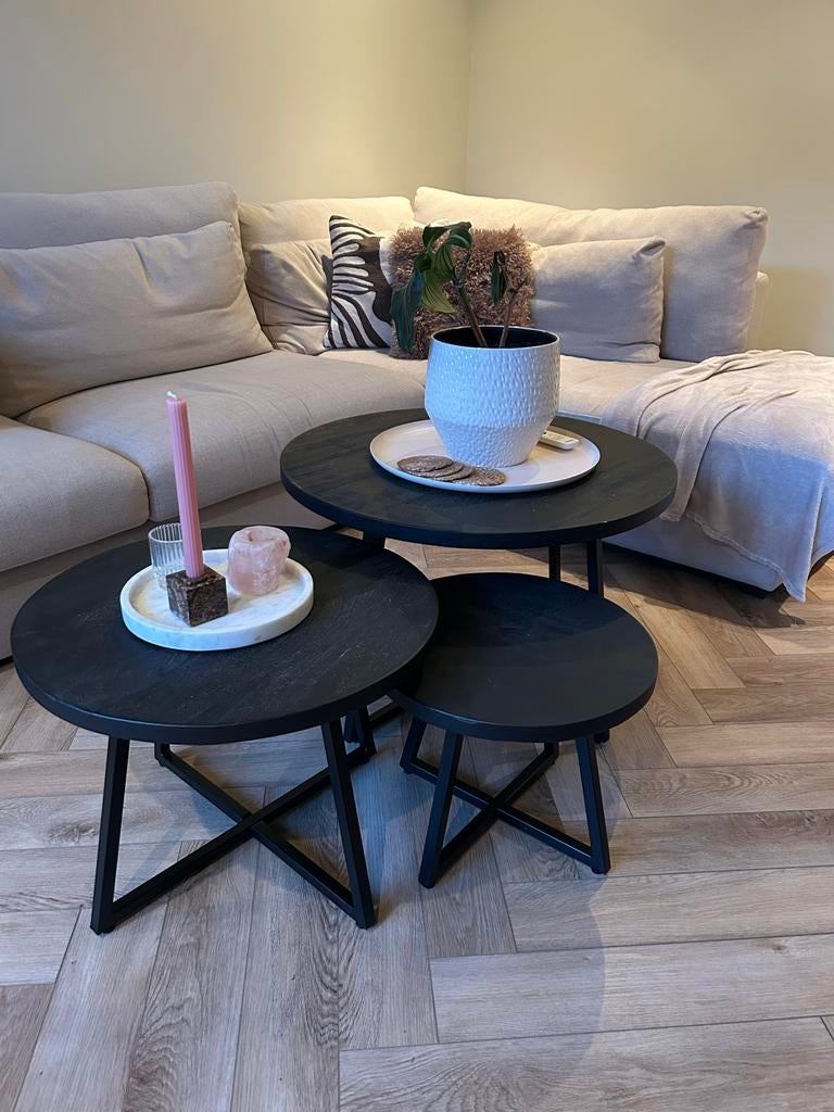 Set van 3 zwarte salontafels met ijzeren kruispoot, Ophalen, Gebruikt, 50 tot 75 cm, Rond