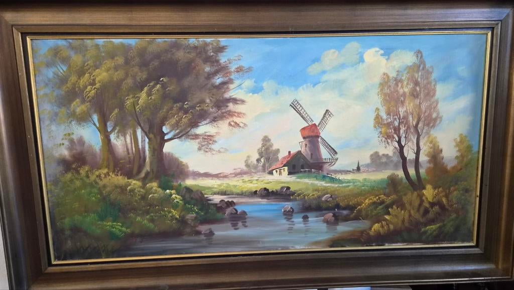 Handgeschilderd Landschap met Molen en Mooie Lijst, Antiek en Kunst, Kunst | Schilderijen | Klassiek, Ophalen