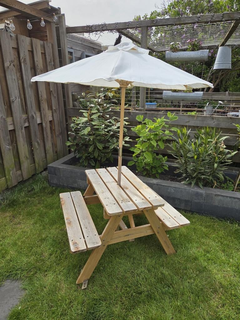 Gereserveerd! Kinder picknick tafel met parasol, Tuin en Terras, Ophalen, Rechthoekig, Hout