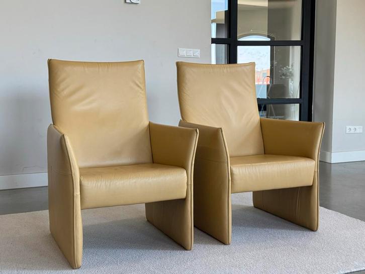 Set van 2 design stoelen in zacht geel leer, Huis en Inrichting, Stoelen, Zo goed als nieuw, Twee, Leer, Overige kleuren, Ophalen of Verzenden