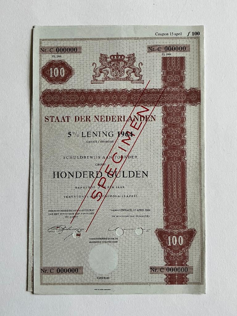 5% Staatslening 1964, 100 Gulden, Specimen, Postzegels en Munten, Aandelen en Waardepapieren, Ophalen of Verzenden, 1950 tot 1970