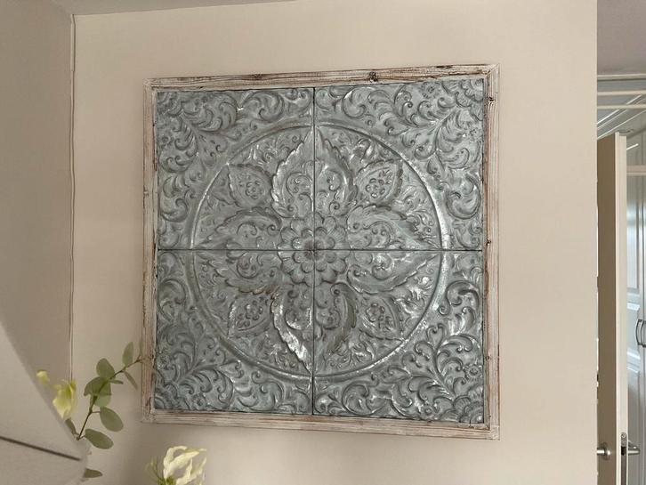 Decoratief wandbord van metaal en hout, Huis en Inrichting, Woonaccessoires | Wanddecoraties, Gebruikt, Wandbord of Wandpaneel