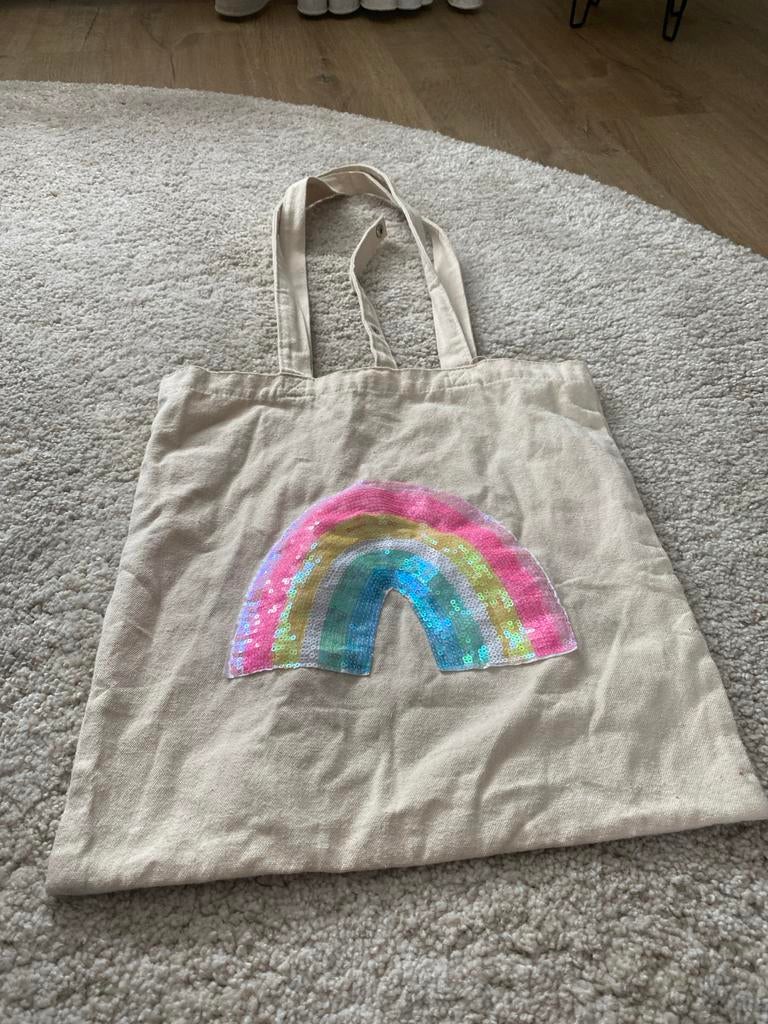 Tote bag met regenboog pailletten, Ophalen of Verzenden, Gebruikt, Beige, Overige merken