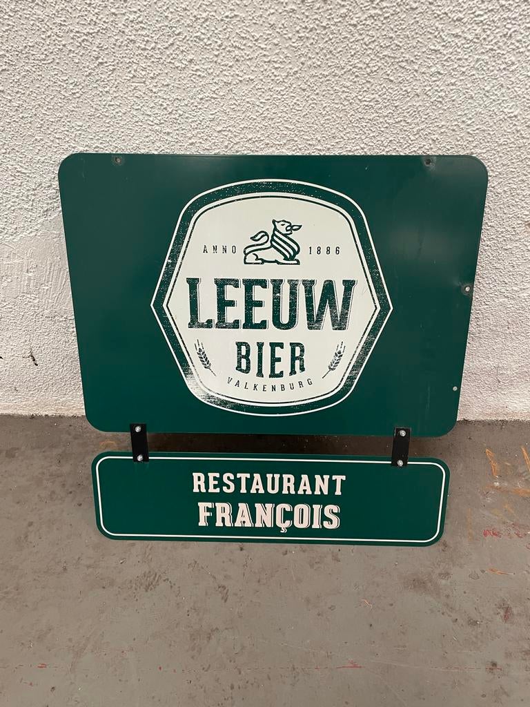De Leeuw Bier dubbelzijdig uithangbord Restaurant François, Verzamelen, Biermerken, Ophalen of Verzenden, Gebruikt, Reclamebord, Plaat of Schild