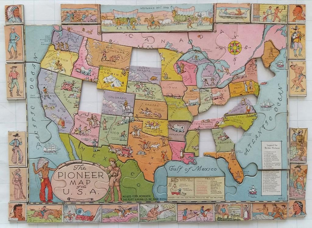 Kartonnen legpuzzel The pioneer map of the U.S.A. INCOMPLEET, Ophalen of Verzenden, Minder dan 500 stukjes, Gebruikt, Legpuzzel