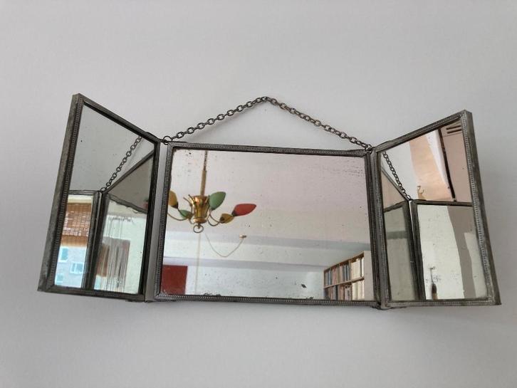 Antieke driedelige reisspiegel met boerentafereel, Antiek en Kunst, Antiek | Spiegels, Minder dan 50 cm, Minder dan 100 cm, Rechthoekig