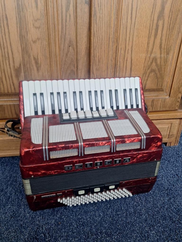 Delicia Carmen Accordeon bordeauxrood incl. koffer, Gebruikt, Met koffer, Toetsaccordeon, 96-bas