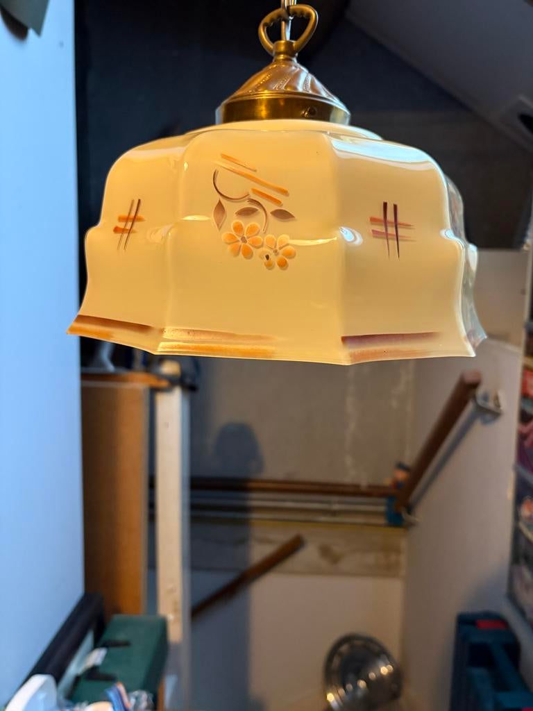 Vintage glazen hanglamp met bloemmotief, Ophalen of Verzenden, Zo goed als nieuw, Glas, Minder dan 50 cm