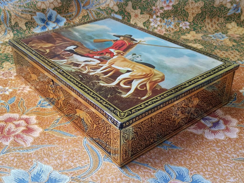 Mooi oud vintage koekjesblik uit Engeland met vossenjacht., Antiek en Kunst, Ophalen of Verzenden