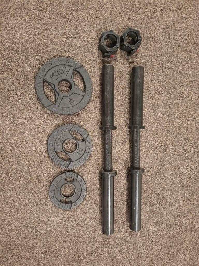 Zware laadbare dumbbells incl gewichten, Sport en Fitness, Fitnessmaterialen, Ophalen, Gebruikt, Rug, Halterstangen