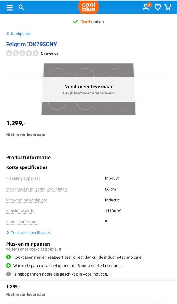 Pelgrim IDK7950NY Inductie Kookplaat - 5 Kookzones, Witgoed en Apparatuur, Kookplaten, Ophalen, Nieuw, Inbouw, Inductie
