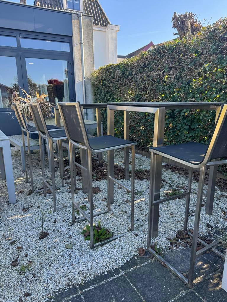 Manutti statafels + barkrukken - Buiten set (2+4), Tuin en Terras, Ophalen, Gebruikt, Manutti, Belgie