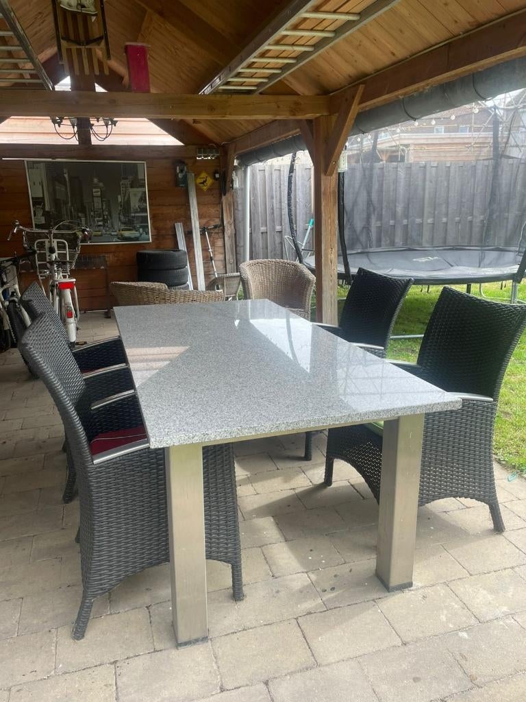 Terras set met granieten blad, Tuin en Terras, Tuintafels, Ophalen, Gebruikt, Rechthoekig, Overige materialen