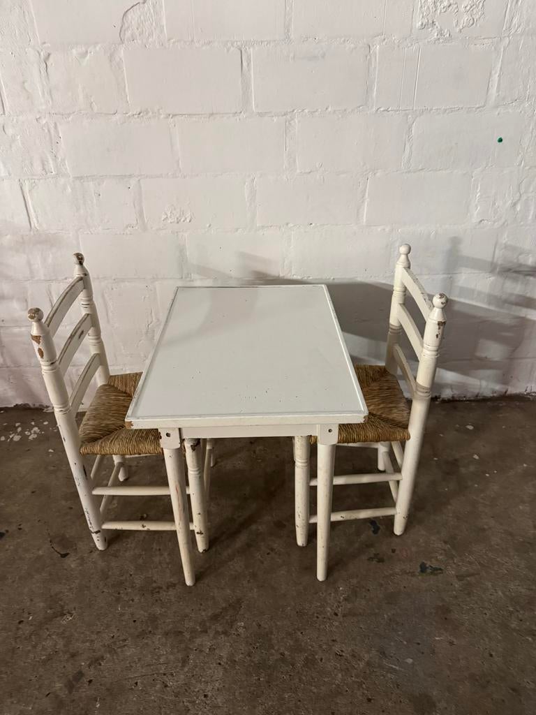 Kindertafel met 2 stoeltjes - Vintage wit, Ophalen, Gebruikt, Tafel(s) en Stoel(en)