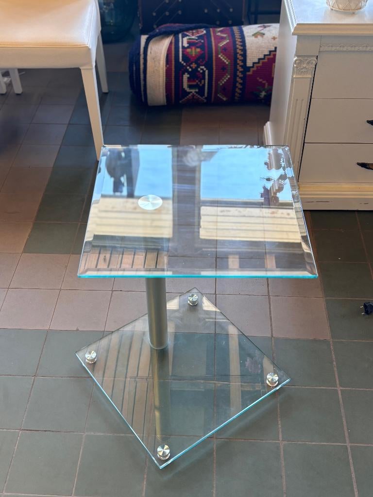 Modern Glazen Bijzettafel Metaal Transparant Draaibaar, Minder dan 55 cm, Gebruikt, Vierkant, Glas