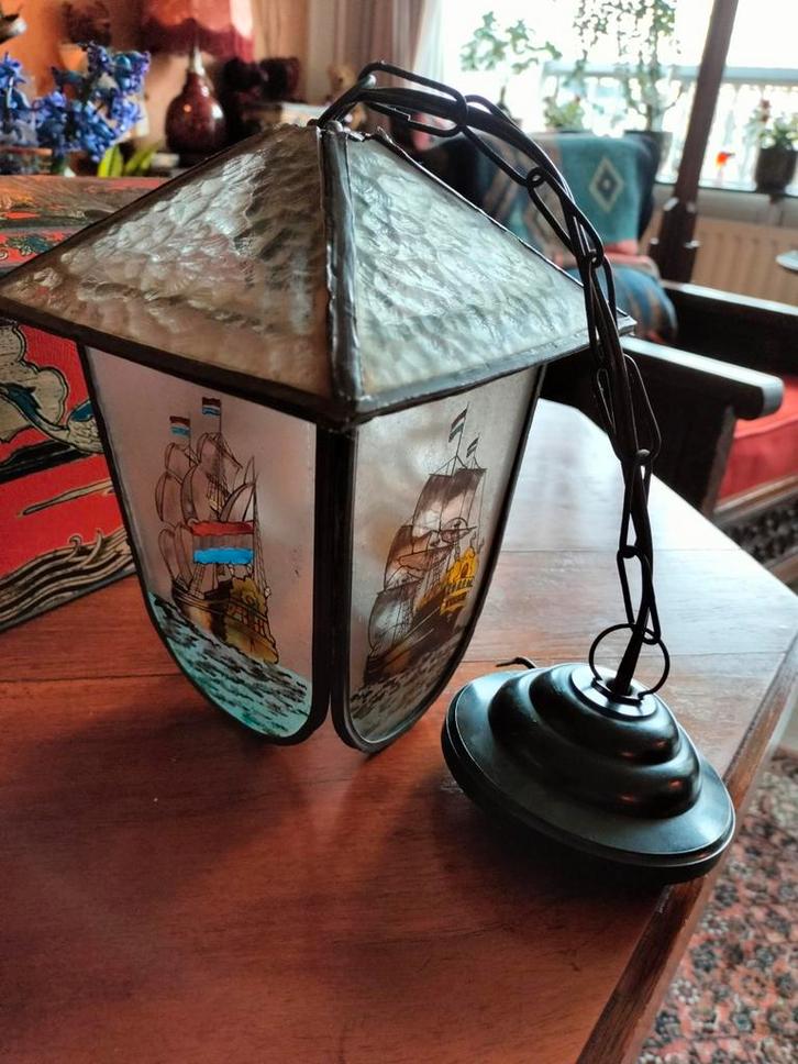 Antieke gebrandschilderde glas-in-lood hallamp (ca. '20-'30), Antiek en Kunst, Antiek | Lampen, Ophalen of Verzenden