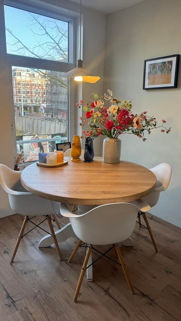 Houten tafel, Ophalen, 100 tot 150 cm, Rond, Zo goed als nieuw