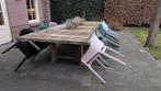Zelfgemaakte robuuste tuintafel XXL steenschotten 12/14 pers, Ophalen, Gebruikt, Eettafel, Meer dan 8 zitplaatsen