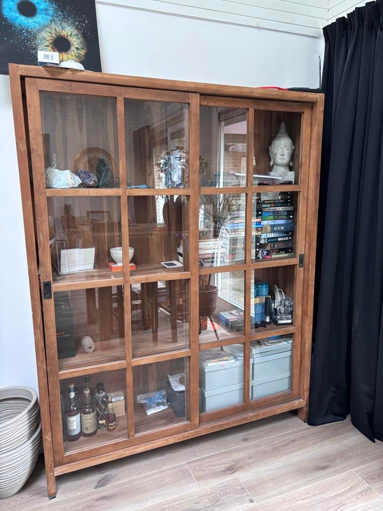 Teak boekenkast/vitrinekast met schuifdeuren, Huis en Inrichting, Kasten | Boekenkasten, Ophalen, Gebruikt, 150 tot 200 cm, Teakhout