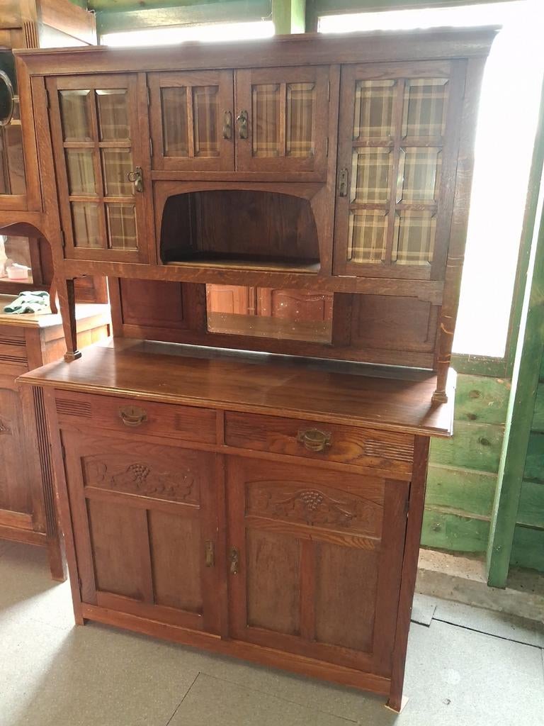 Antiek eiken buffet keukenkast facet geslepen ruitjes, Antiek en Kunst, Curiosa en Brocante, Ophalen of Verzenden