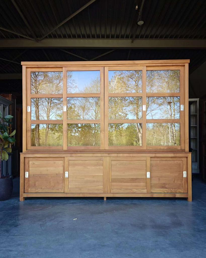 Hoge- brede schoolkast teakhout | Wandkast 300cm breed #7731, Niet ingevuld, 200 cm of meer, Niet ingevuld, Ophalen of Verzenden