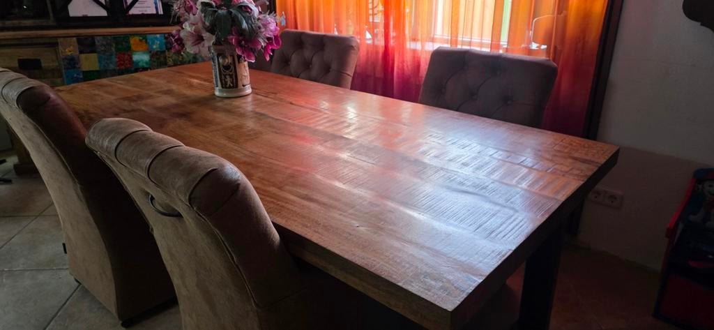 Mangohouten eettafel 220x100 cm met industriële U poten, Ophalen, 100 tot 150 cm, 200 cm of meer, Zo goed als nieuw