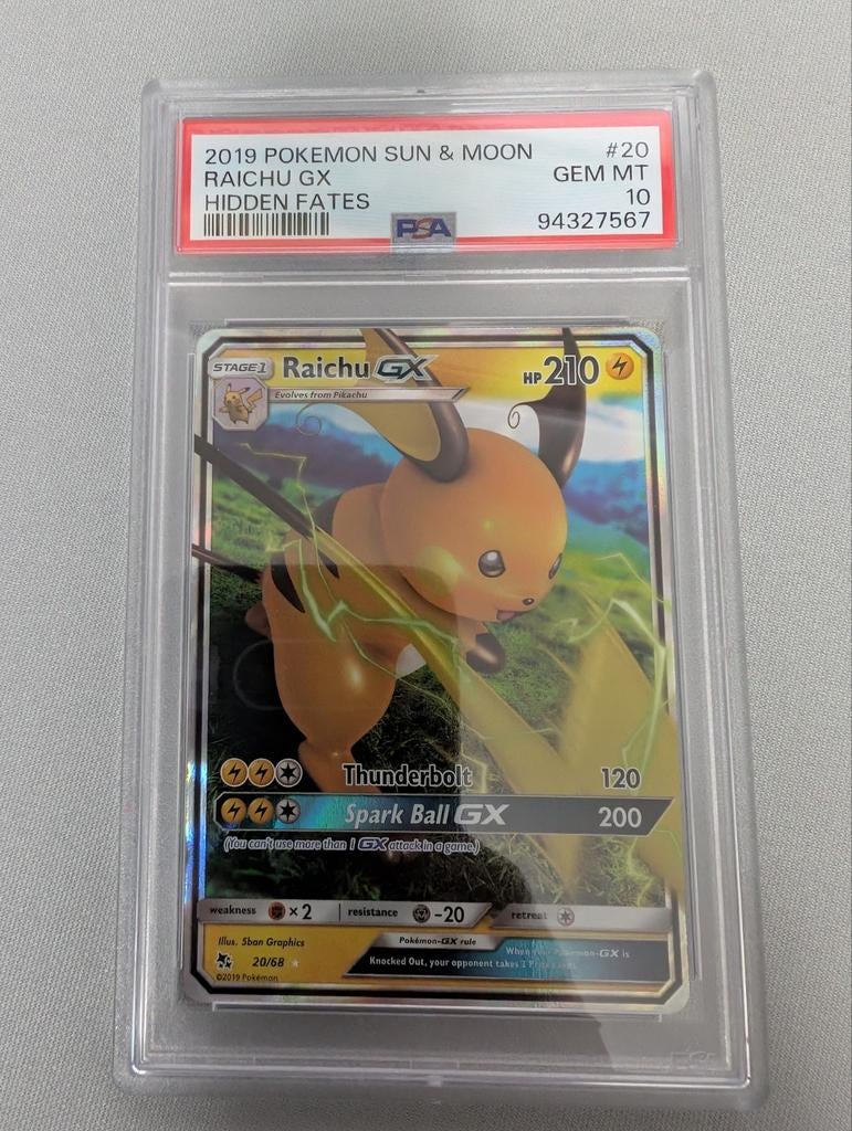 Raichu GX Hidden Fates #20 PSA 10 Gem Mint Pokémon Kaart, Ophalen of Verzenden, Nieuw, Losse kaart, Foil