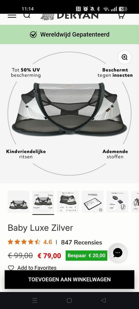 Campingbedje Deryan deluxe zilver nieuw in verpakking, Ophalen, Nieuw, Reisbedje