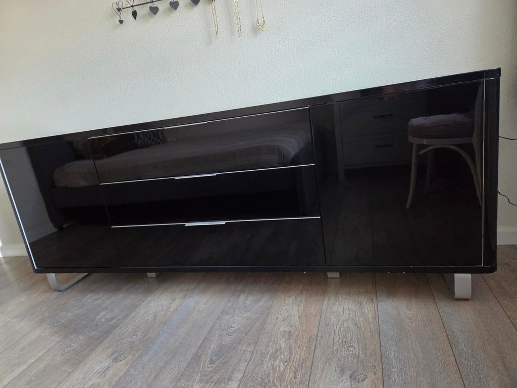 Hoogglans Zwart Dressoir - Zwaar MDF met Lades en Kastjes, Ophalen, Overige materialen, Gebruikt, 150 tot 200 cm