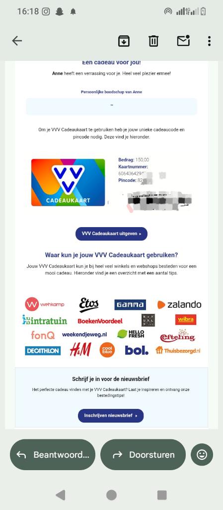 €90 Vvv bon saldo €150, Tickets en Kaartjes, Kortingen en Cadeaubonnen, Eén persoon, Cadeaubon, VVV-bon
