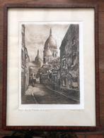 Parijs straat ets op textiel, Antiek en Kunst, Kunst | Etsen en Gravures, Ophalen of Verzenden